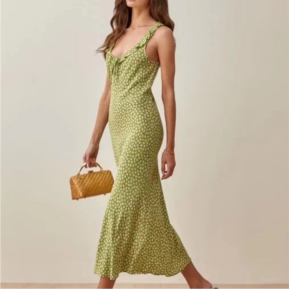 Reformation Green Floral Midi Dreas with Ruffle Neckline
